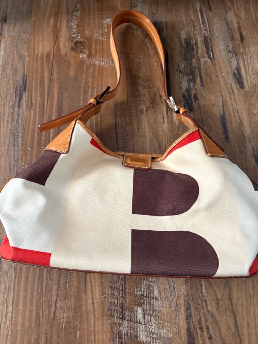Bally Cream Canvas Shoulder Bag with Brown Graphic 'B' and Red Accents